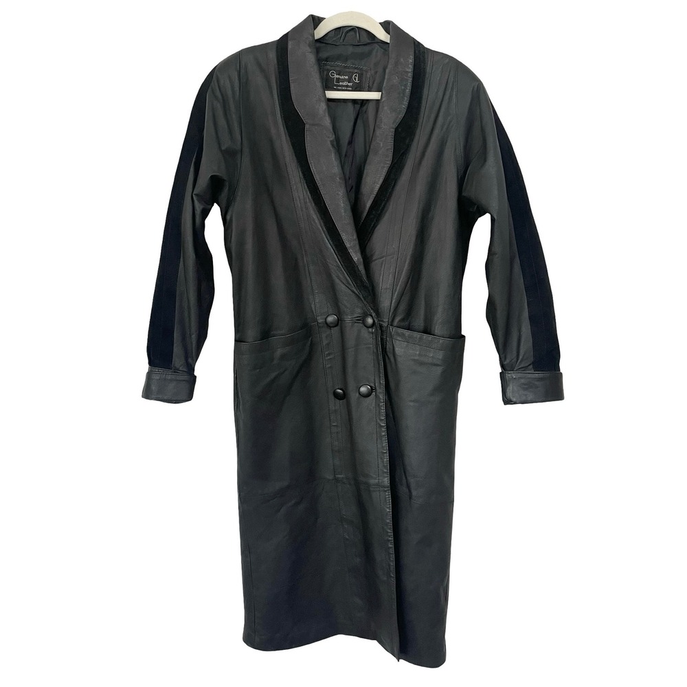 Vintage Genuine Leather Black Double Breasted Long Coat Suede Trim Sz M